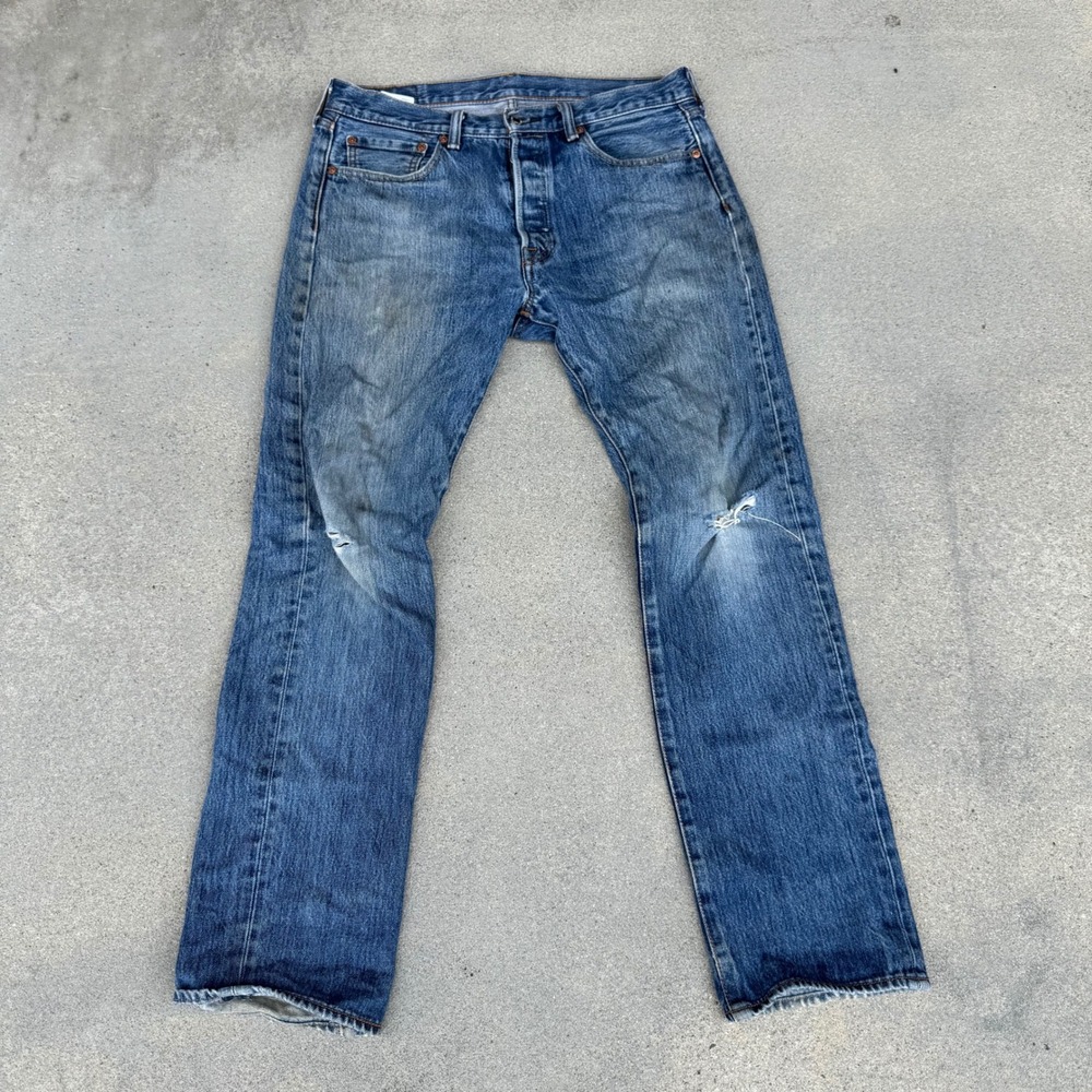 Levi's 501 Men‎ Straight Leg Button Fly Distressed Blue Denim Jeans 32x32